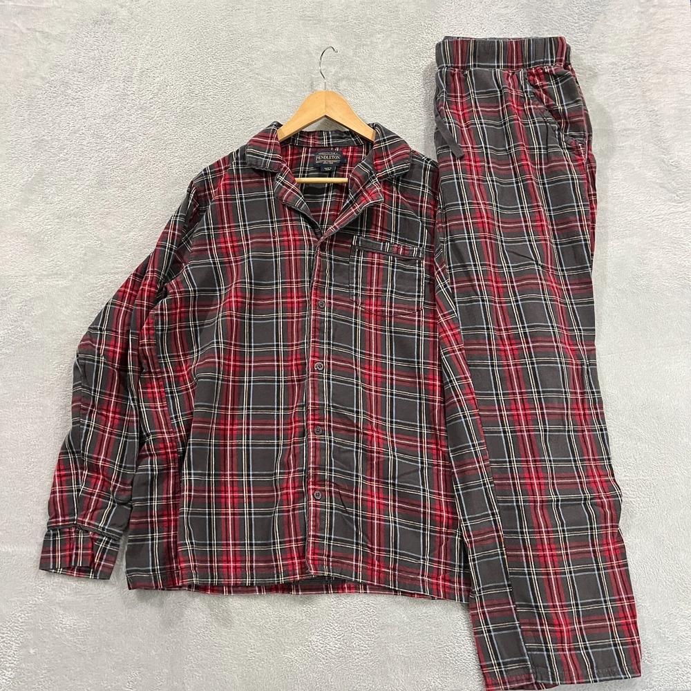 Pendleton 2 Piece Pajama Set Mens‎ L Red Black Plaid Shirt & Pants 100% Cotton